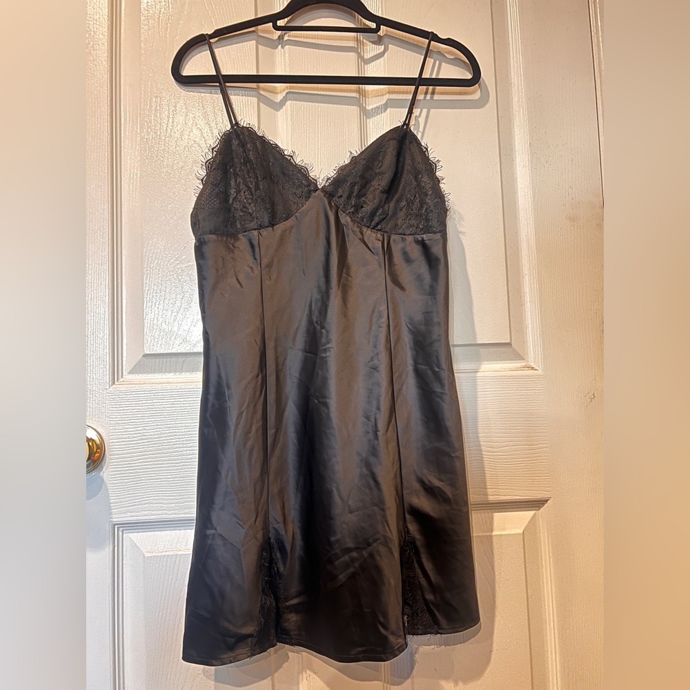 Black Satin Lace Slip Dress